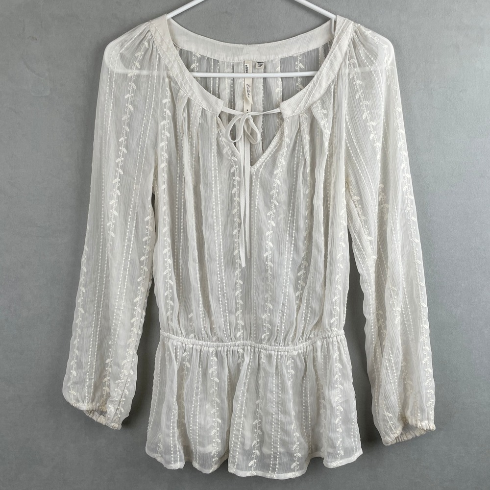 Bellatrix White Sheer Embroidered Peplum Peasant Fairy Blouse Boho Tie Neck S